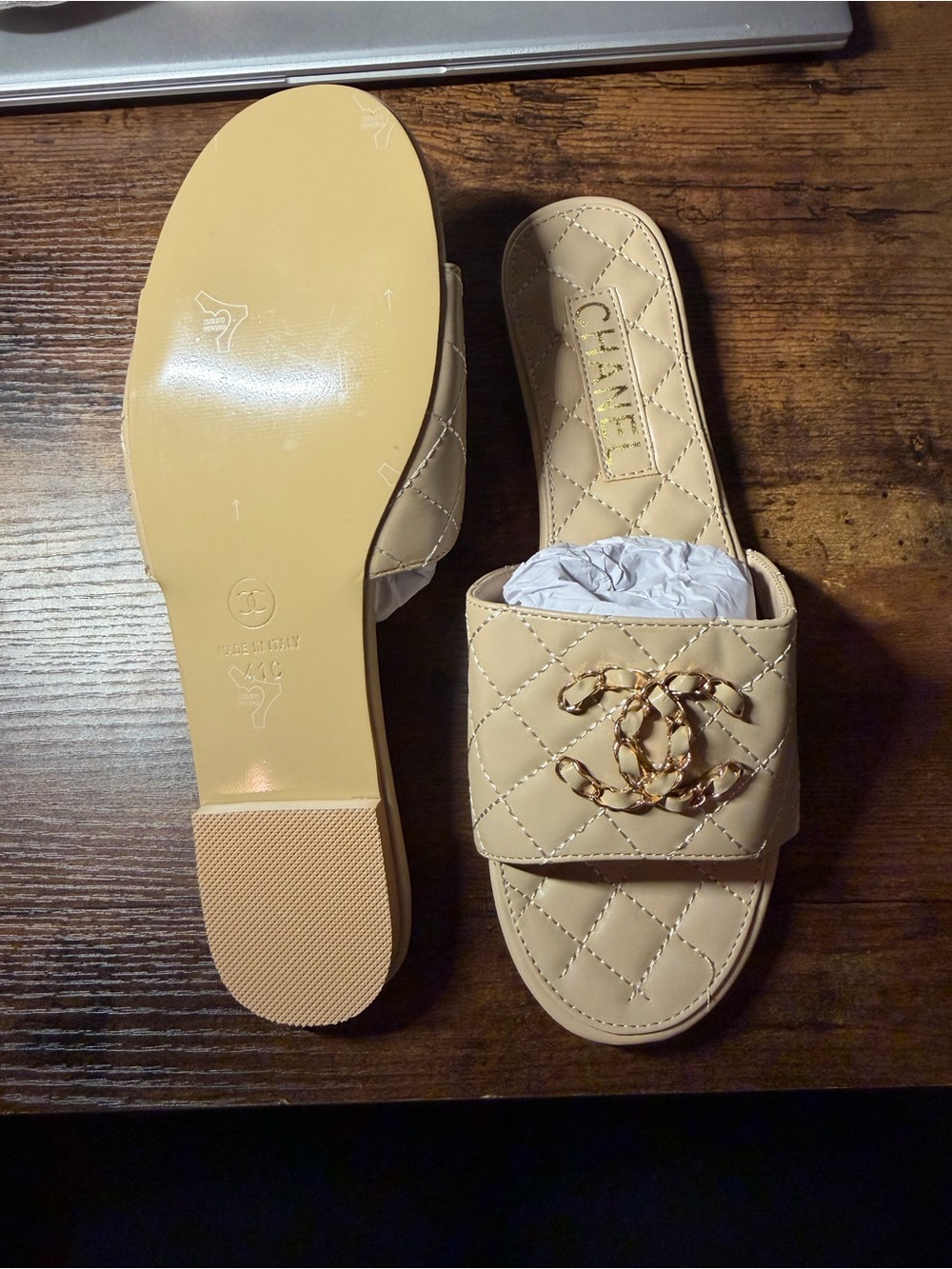 CHANEL *flawed* Beige Quilted Slide Sandals with Gold CC Chain